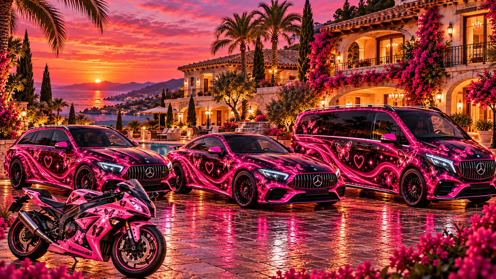 Pink beleuchtete Fahrzeuge vor einer Villa bei Sonnenuntergang